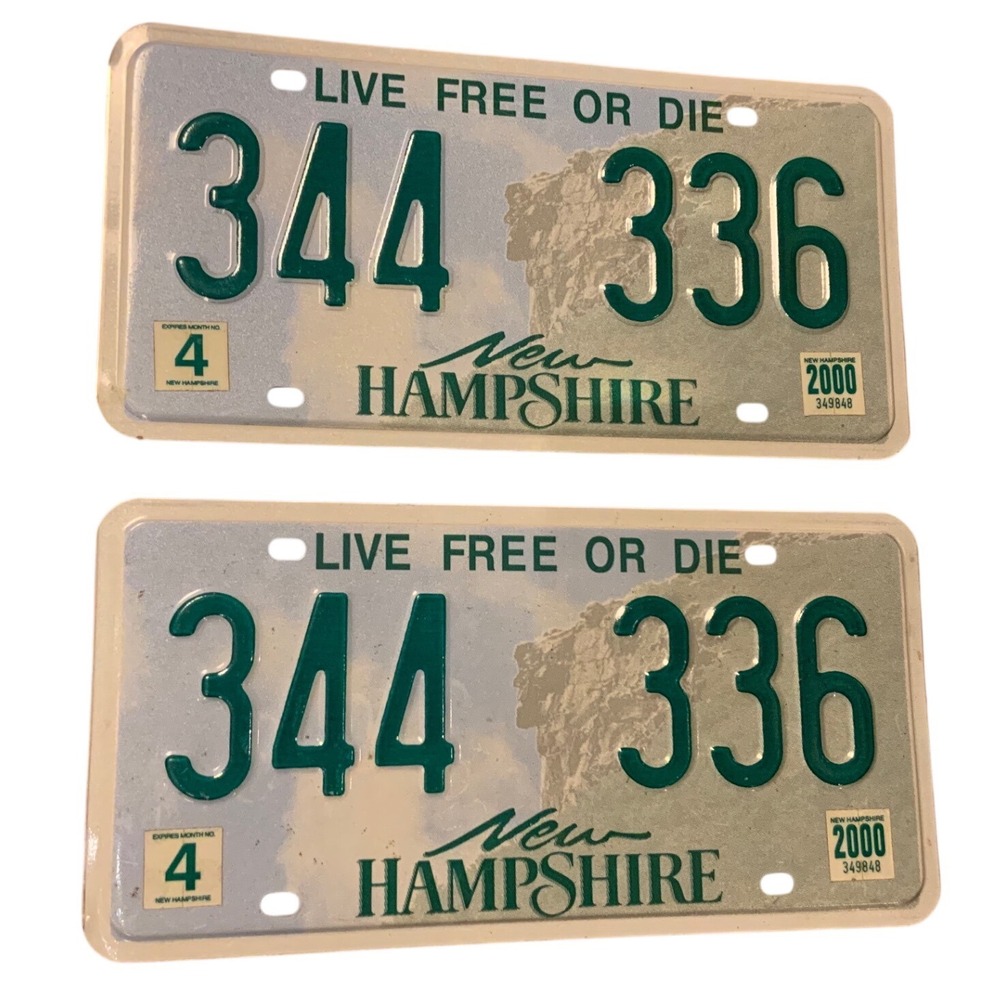 Pair New Hampshire License Plates 344-336 Old Man of the Mountain 2000 Decals